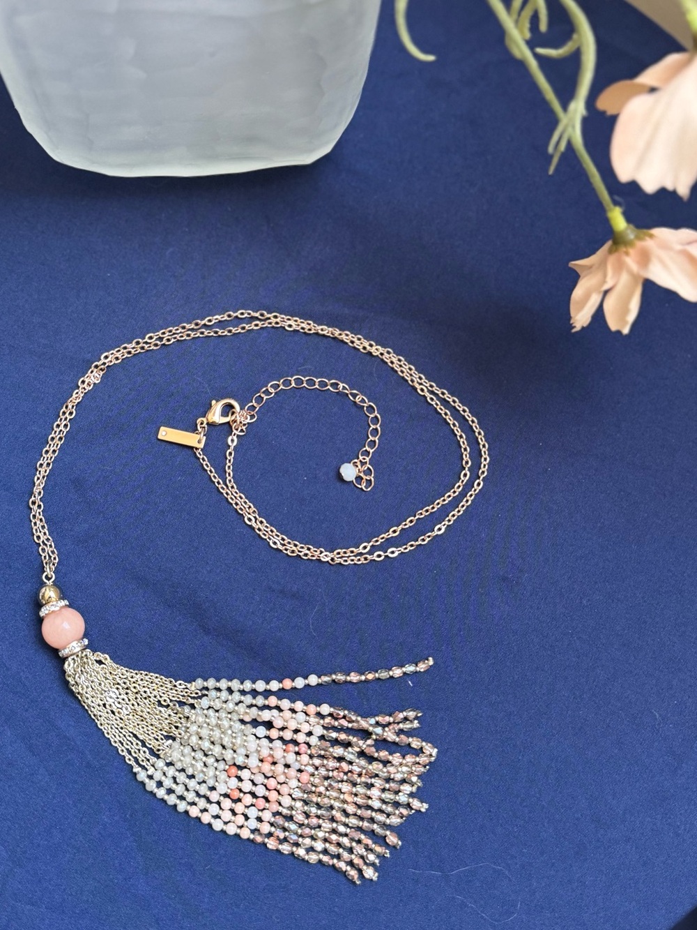 Gold-Tone Peach Beaded Tassel Necklace Pendant